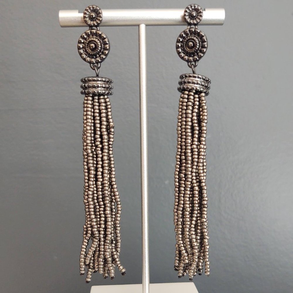 Gray long tassel seed bead earrings